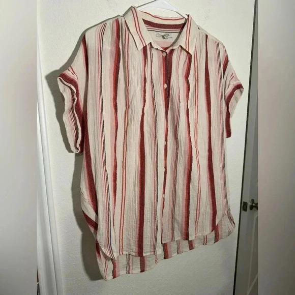 Madewell Pink Red Valentine Albee Striped Central Button Down Short Sleeve Shirt - Picture 3 of 12